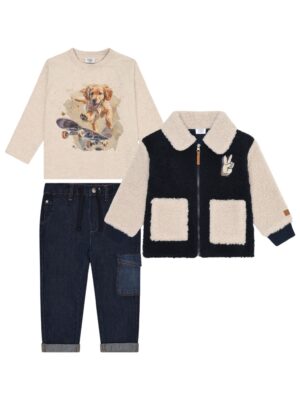 Longsleeve met hond beige + soepele jeans + winterjas